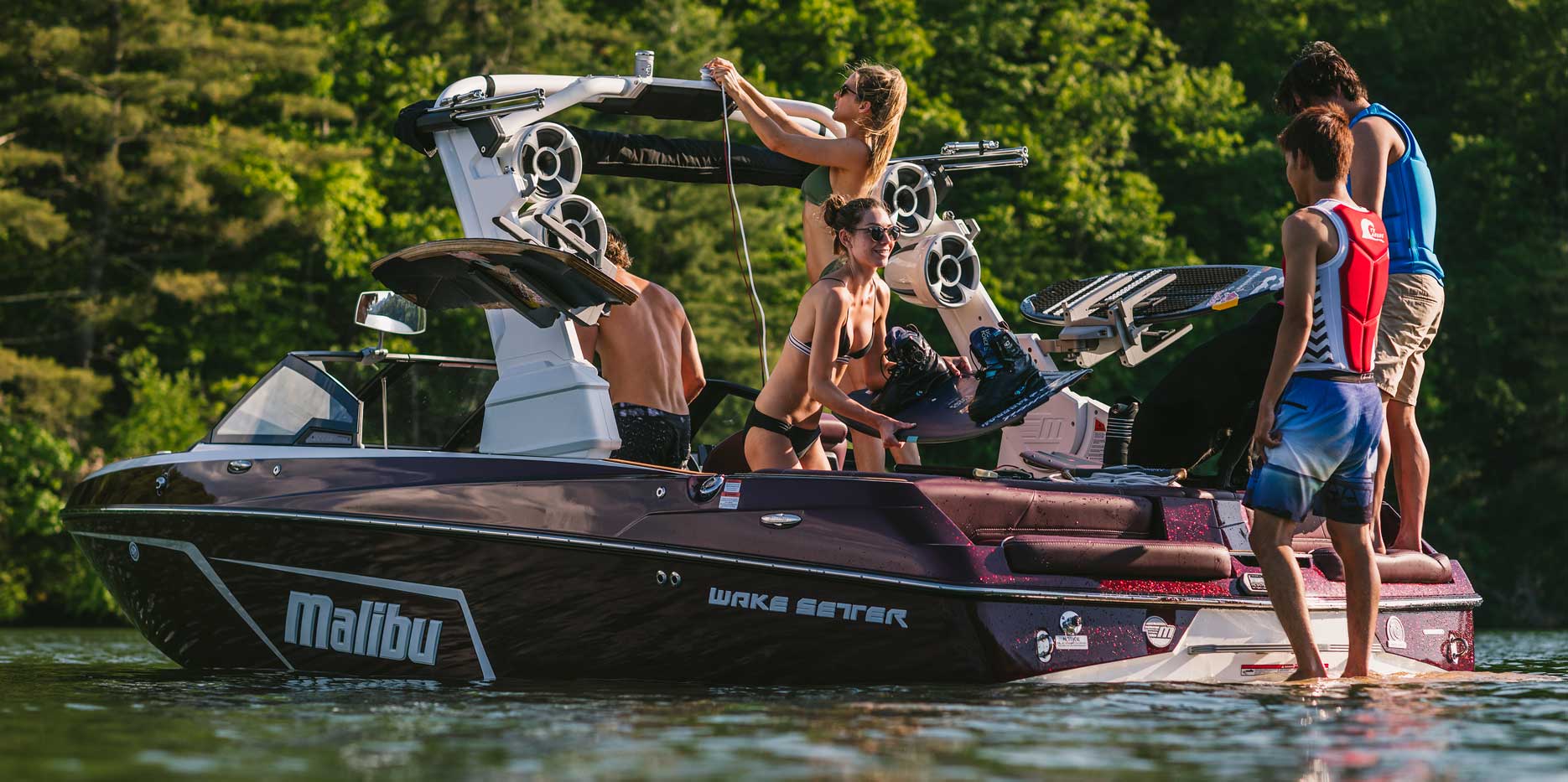 Setting up for doubles wakeboarding behind the Malibu 22 LSV.