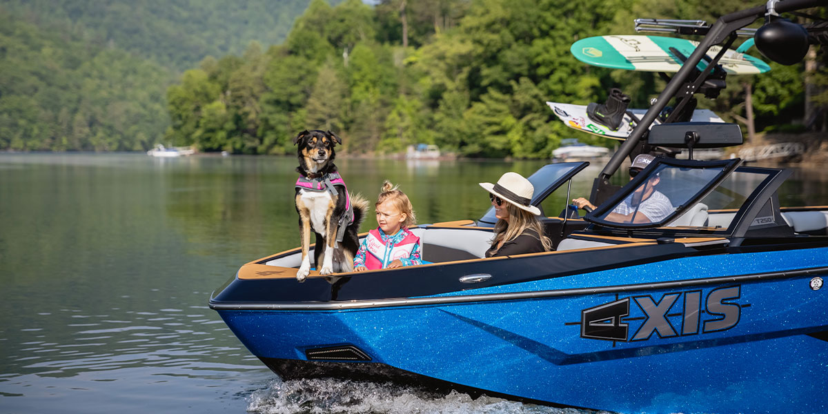 Family out in the water with boards and dog in tow.