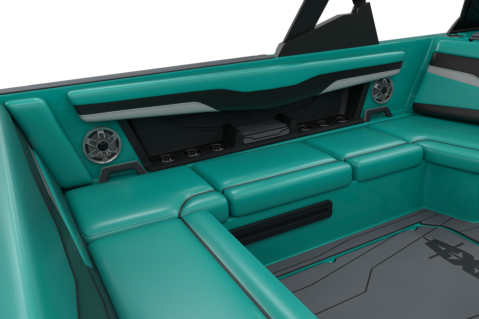 Interior of Axis T220 Featuring Storage, Cupholders, & Wet Sounds Speakers