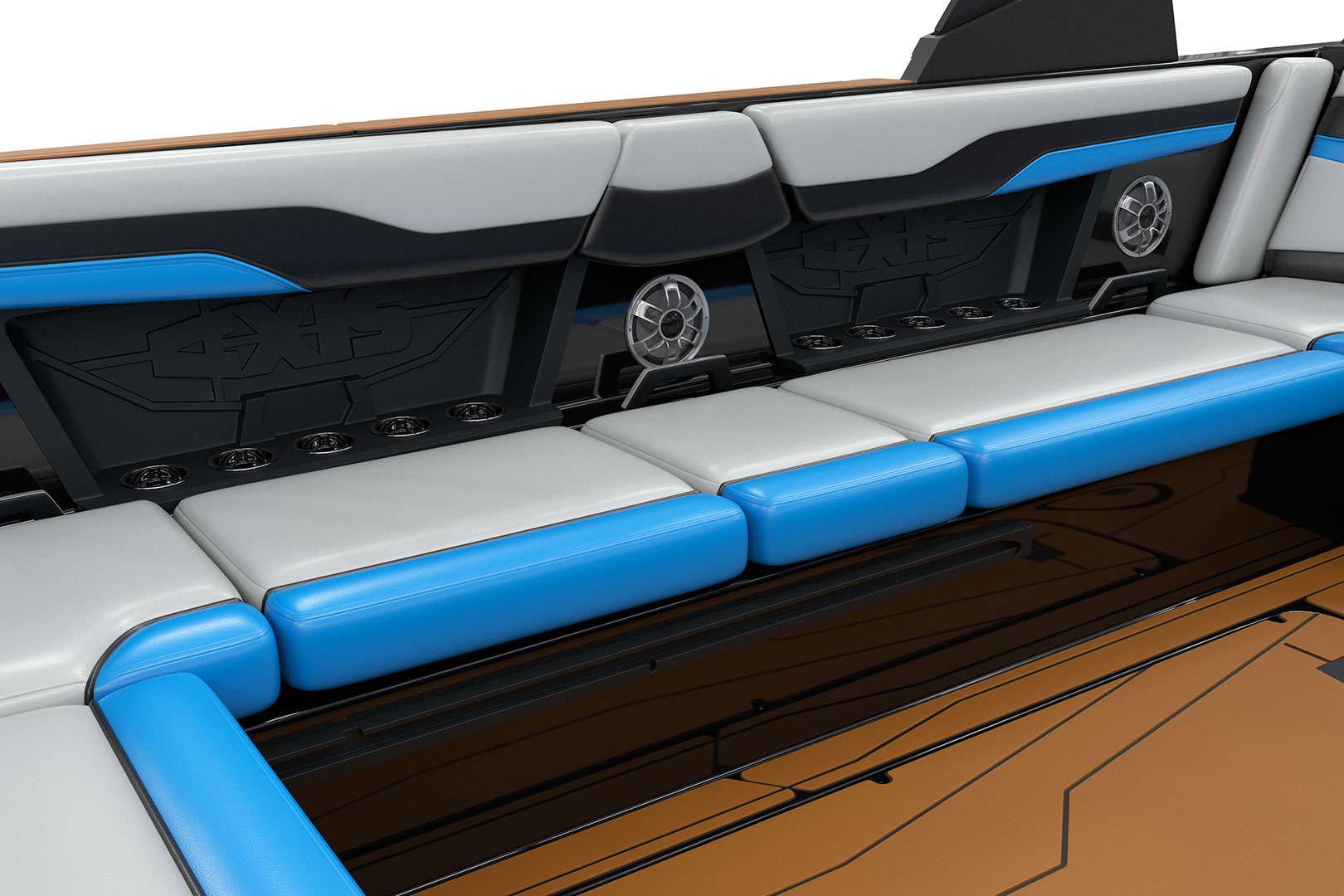 Interior of Axis T250 Featuring Storage, Cup Holders, & Wet Sound Speakers