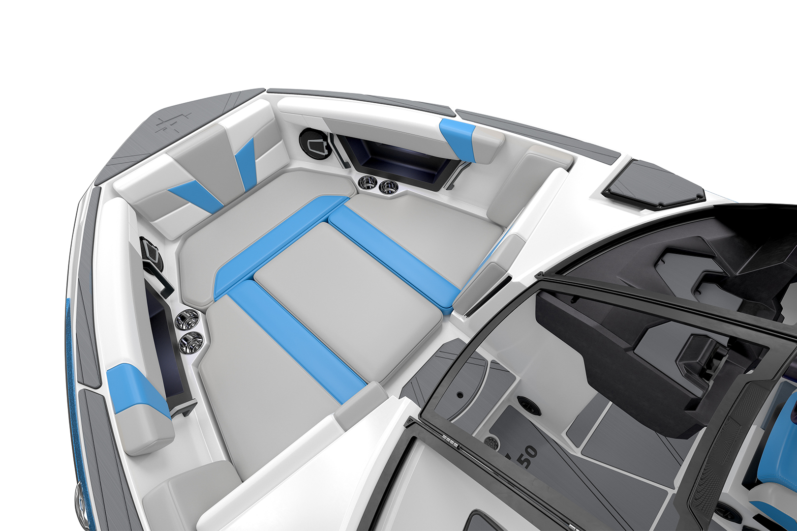 Top-down view of the Axis T250 traditional bow layout with cushioned seating, cupholders, and open legroom for multiple passengers.