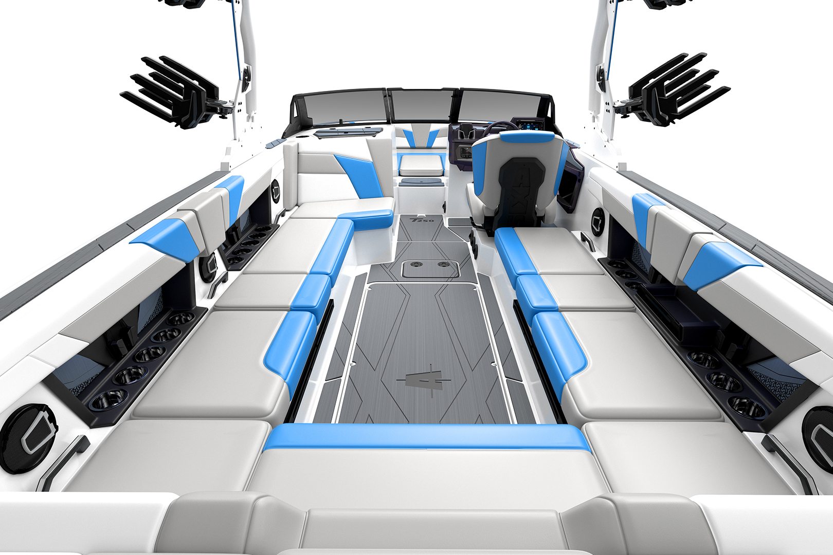 Wide view of the 2026 Axis T250 lounge area featuring plush seating, soft grip flooring, and ample space for up to 18 passengers.