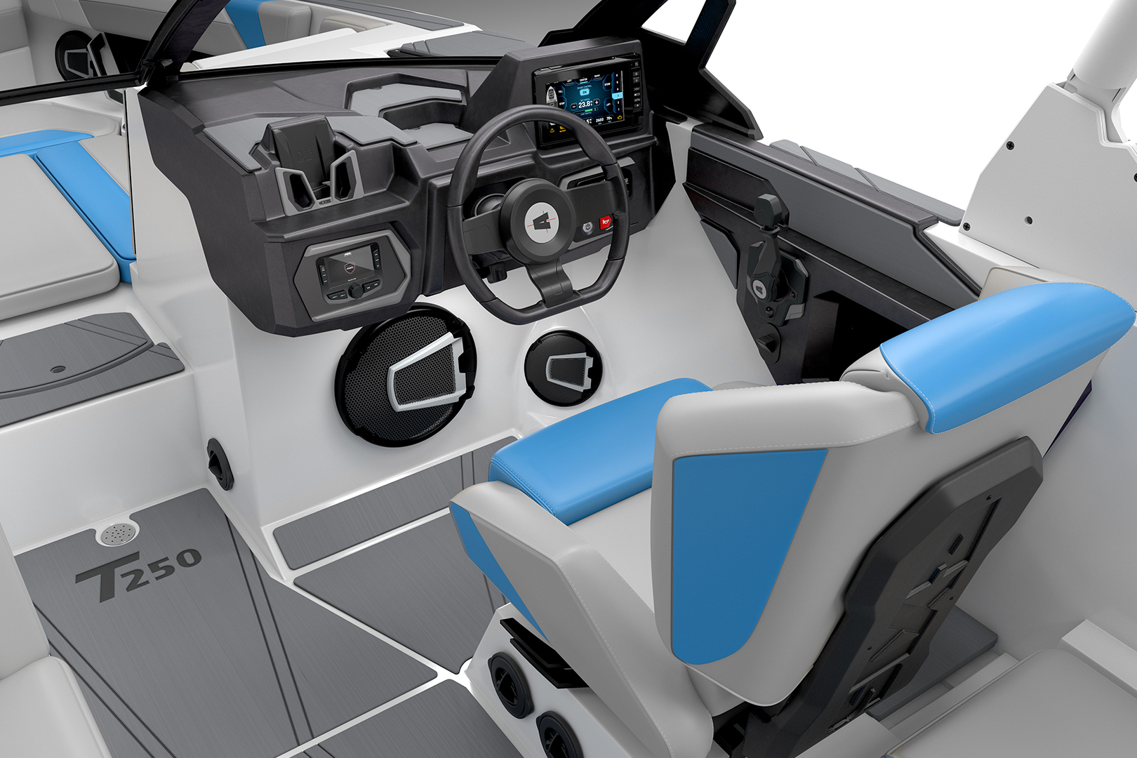 Angled shot of the Axis T250 driver’s seat and dashboard, highlighting the sleek styling and intuitive design.