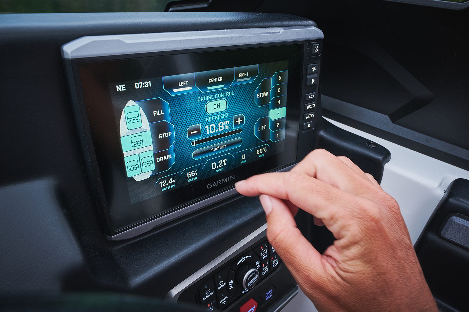 Close-up of 2026 Axis T250 dashboard screen showing sport-specific wake & wave adjustments.