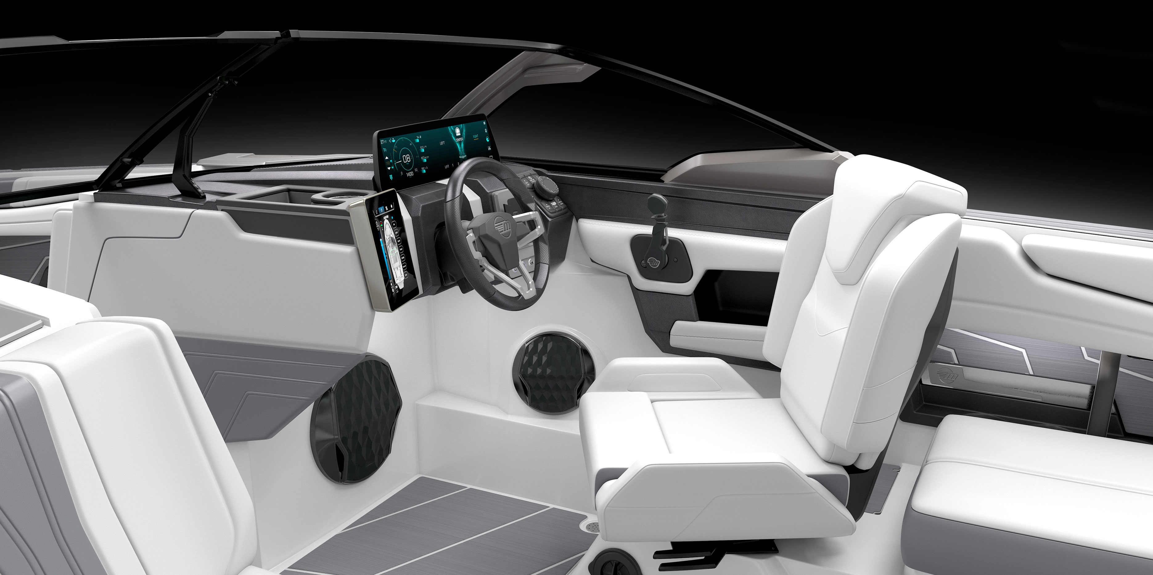 Close-up of the Malibu Wakesetter 22 LSV helm featuring the Power Rise & Slide captain’s seat and mOS touchscreen system.
