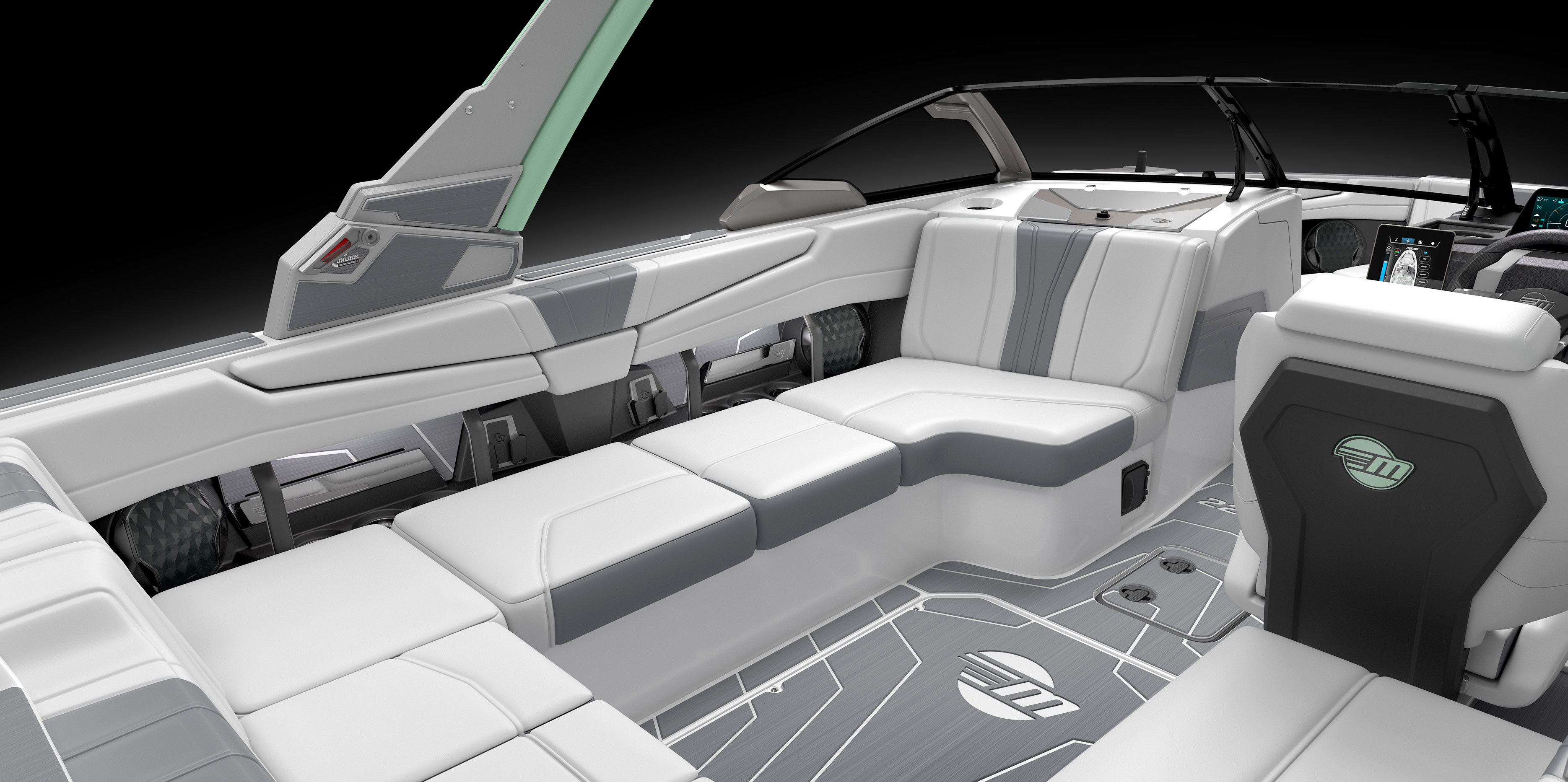 Interior of the Malibu Wakesetter 22 LSV showing deep under-seat storage compartments with life jackets and gear neatly organized.