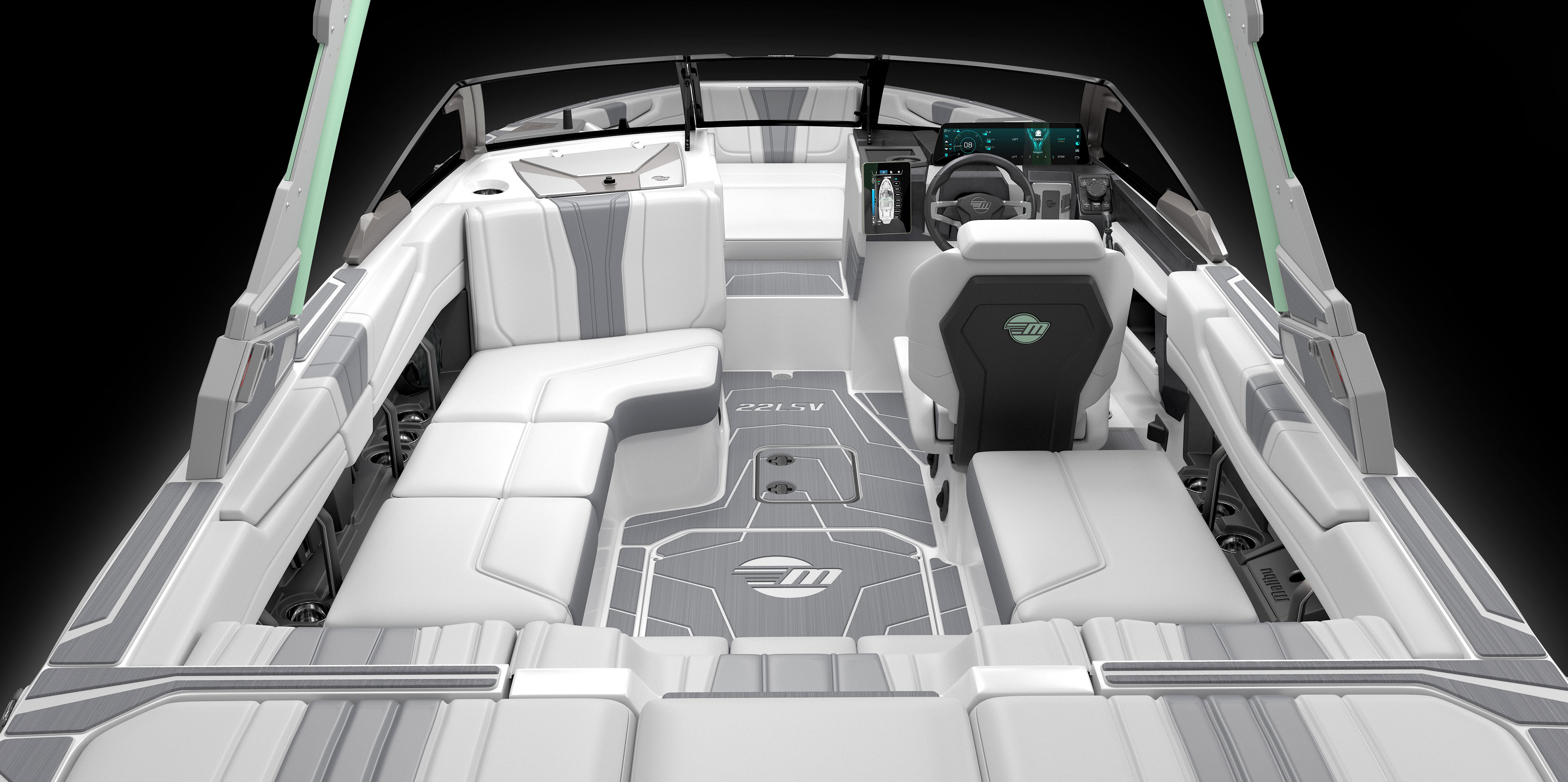 Bow seating area of the Malibu Wakesetter 22 LSV featuring plush upholstery, cup holders, and premium finishes.