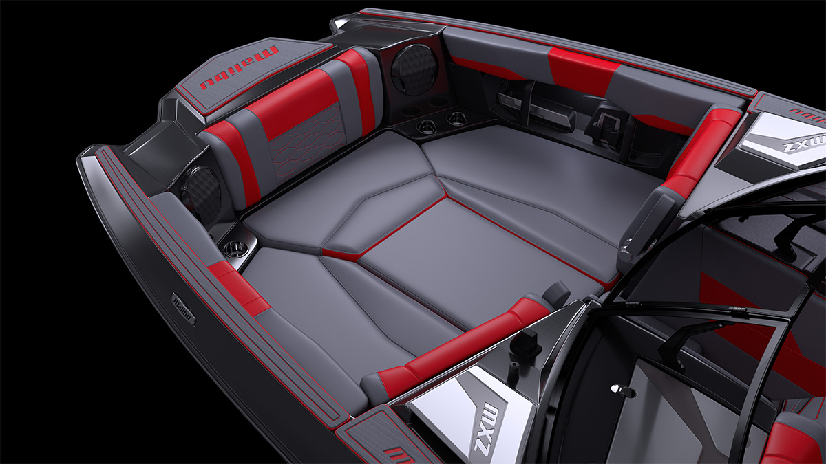 The maximized interior space of the 23 MXZ is really appreciated in the bow where there is room for everyone to spread out. 